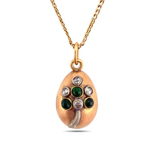Imperial Russian Faberge 56 Rose Gold 0.16ct Diamond and Emerald Egg Pendant