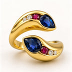 18K Yellow Gold 1.30ct Sapphire Ruby and Diamond Bypass Ring