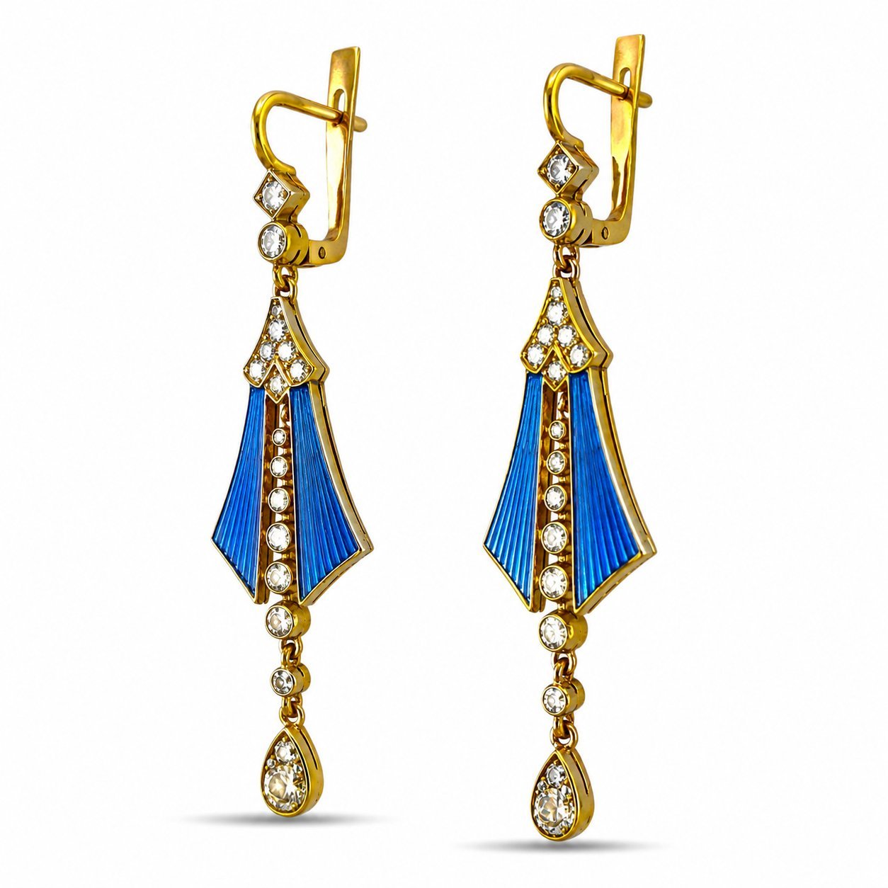 Imperial Russian 56 Gold Blue Enamel and 2.0ct Diamond Earrings