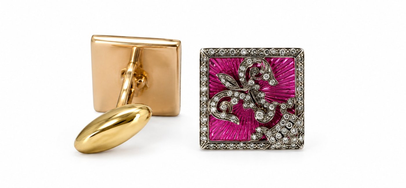 K.Faberge Imperial Russian 56 Yellow Gold Diamond & Pink Enamel Imperial Crown Cufflinks