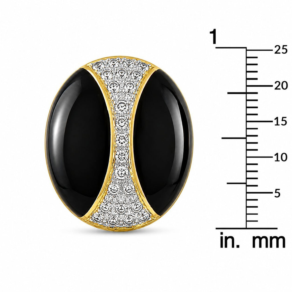 Measured oval hoop earring with black onyx panels and diamond pave, 18K yellow gold