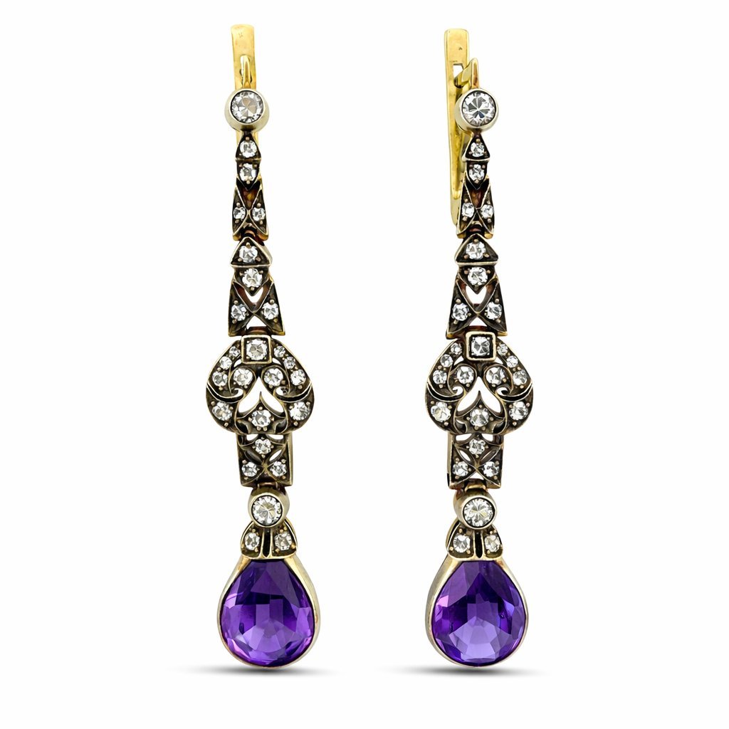 Imperial Russian 14K Yellow Gold Amethyst and 2ct Diamond Drop Earrings