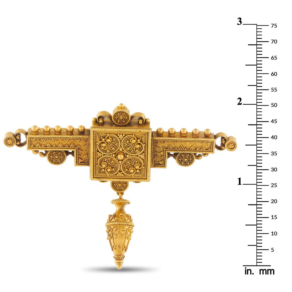 18K yellow gold antique-style brooch back with round dark backing plate and filigree details