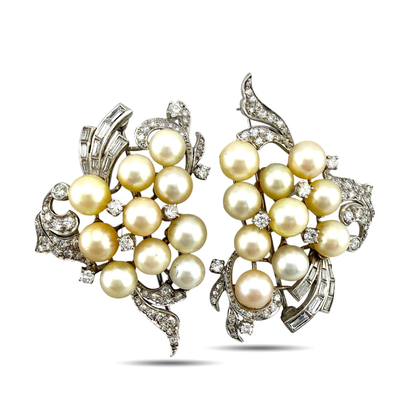 Pair of Platinum Pearl and 3.36ct Diamond Inverse Design Brooches