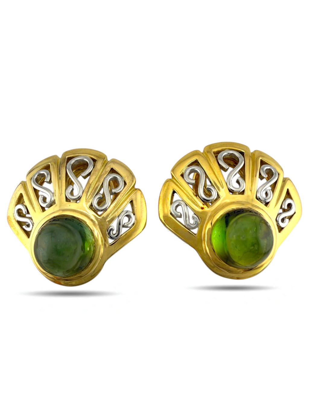 18K Yellow Gold and Platinum Peridot Seashell Earrings