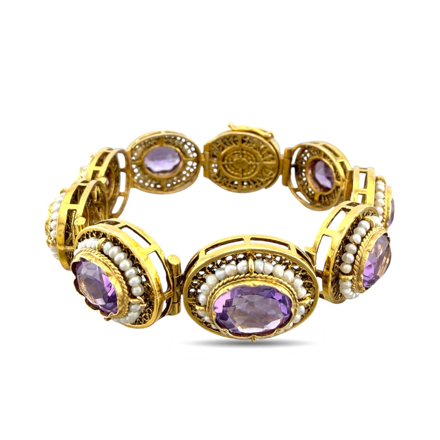 Antique 14K Yellow Gold Amethyst and Pearl Link Bracelet