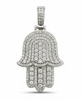 14K white gold diamond hamsa hand pendant with rectangular bail, front view.