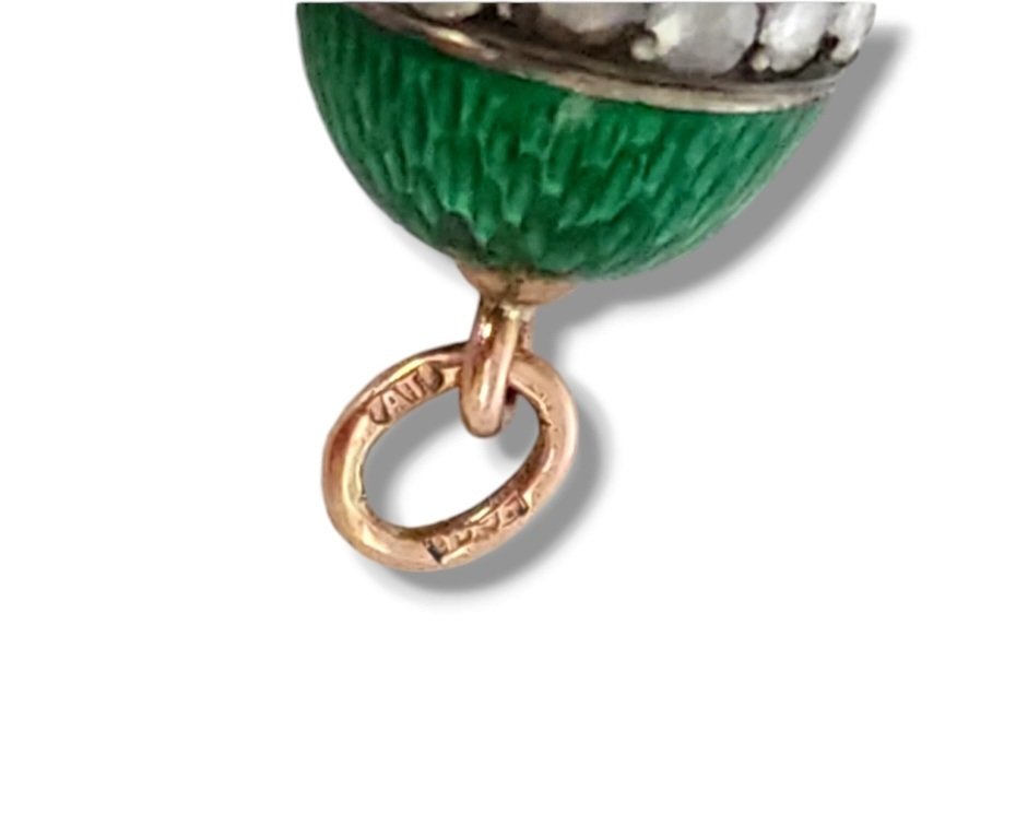 K. Faberge Imperial Russian 56k Gold Diamond and Green Enamel Egg Pendant