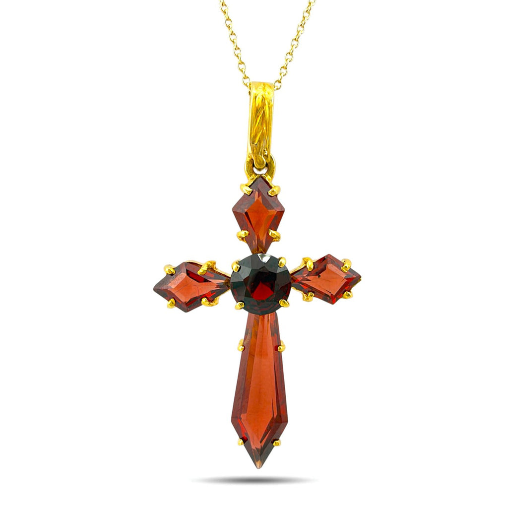 Italian 18K Yellow Gold Garnet Cross Pendant with 14K Yellow Gold Necklace, Yellow gold
