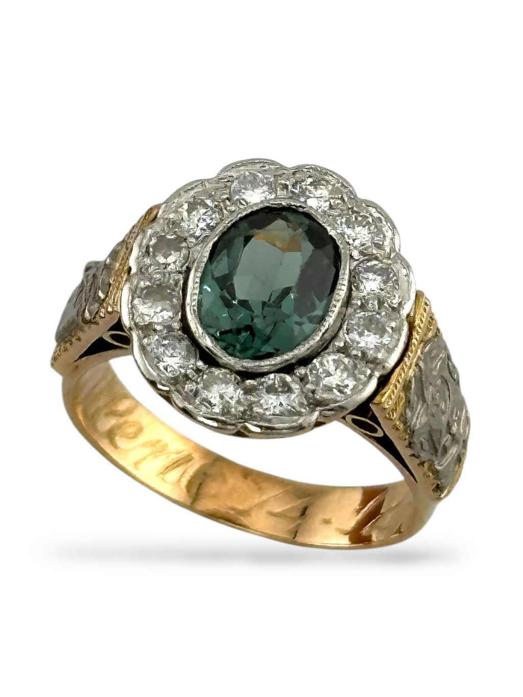 Antique 14K Rose Gold Ring with Diamonds and Green Tourmaline