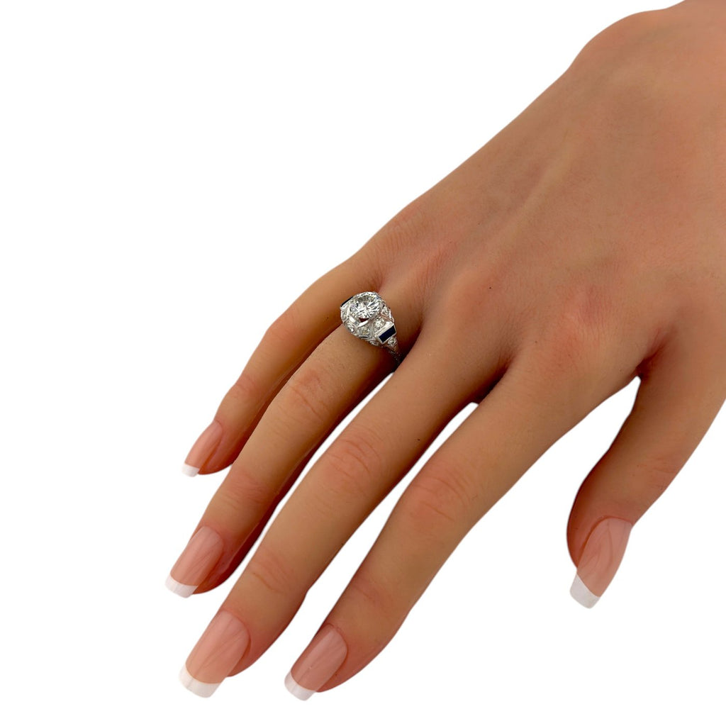Art Deco 18K White Gold 2ct Diamond and Sapphire Ring