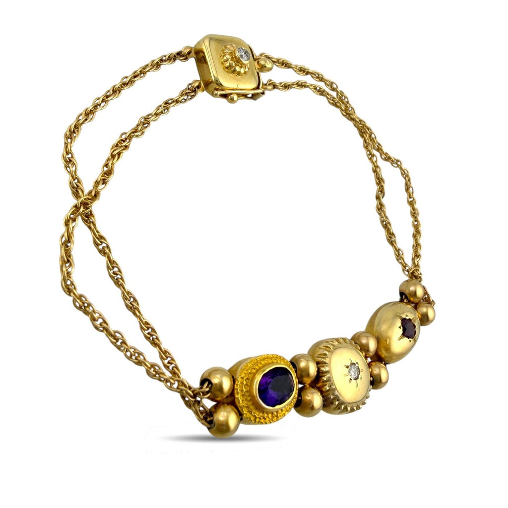 14K Yellow Gold Amethyst Ruby and Diamond Bracelet