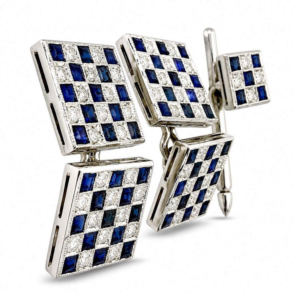 Square cufflinks and stud earrings with blue sapphire grid and white diamond accents