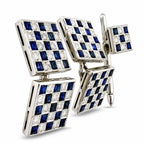 Square cufflinks and stud earrings with blue sapphire grid and white diamond accents