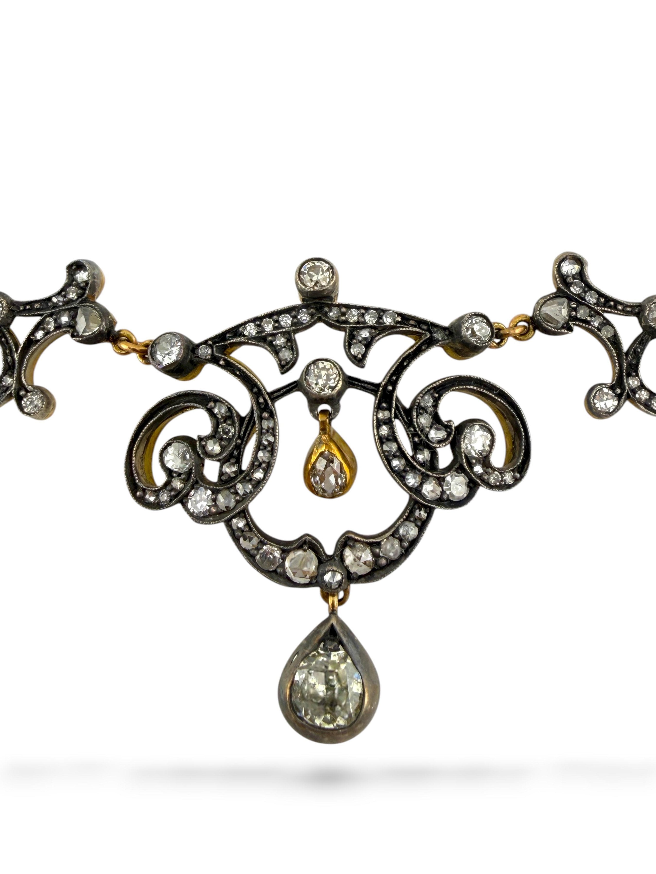 Imperial Russian Period Antique 56K Gold (14K) and 3.01ct Diamond Necklace