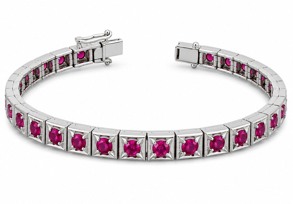 Platinum tennis bracelet with ruby stones and rectangular clasp ends