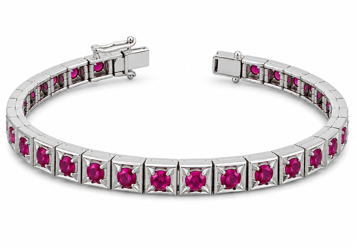 Platinum tennis bracelet with ruby stones and rectangular clasp ends
