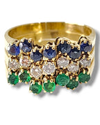 3 Pieces Stackable 14K Gold Interlocking Ring Set with Diamonds, Emeralds and Sapphires