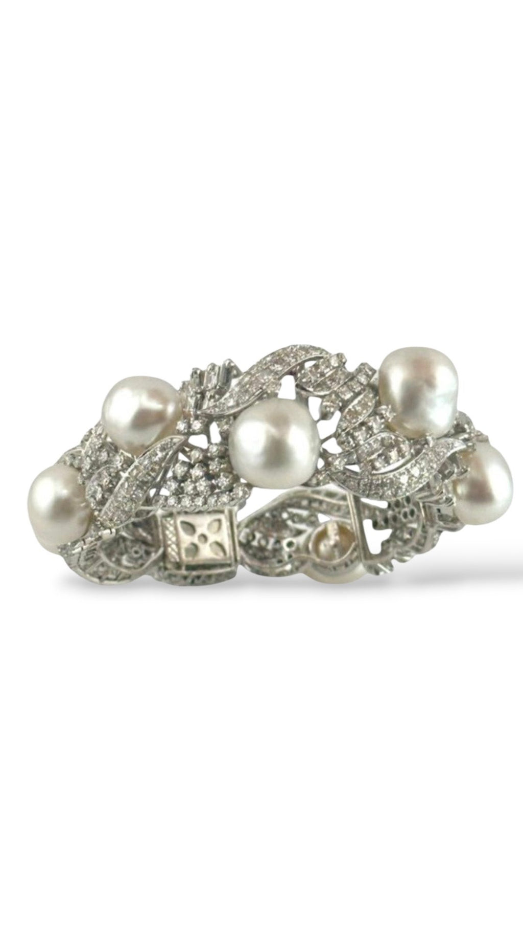 18 kt. White gold, 18K White Gold Bracelet with 4.7ct. Diamonds and Large Pearls -  4.7ct. tw. Diamond (Natural)