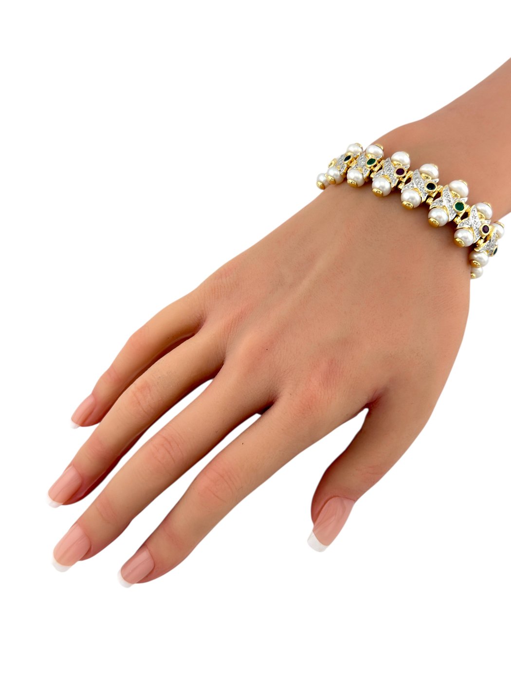 14K Yellow Gold Sapphire, Ruby, Emerald, Pearl and 1.03ct Diamond Bracelet