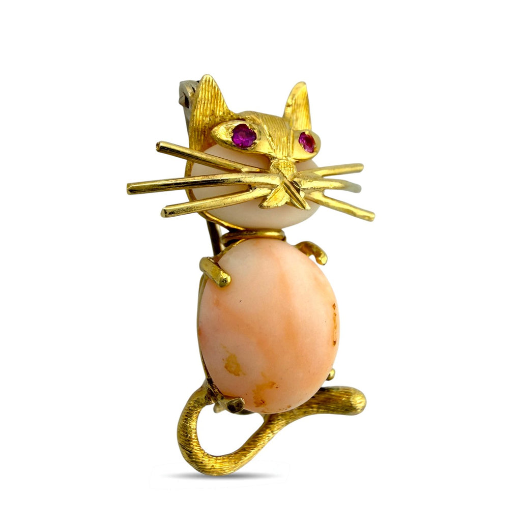 18K Yellow Gold Italian Coral and Ruby Kitten Brooch