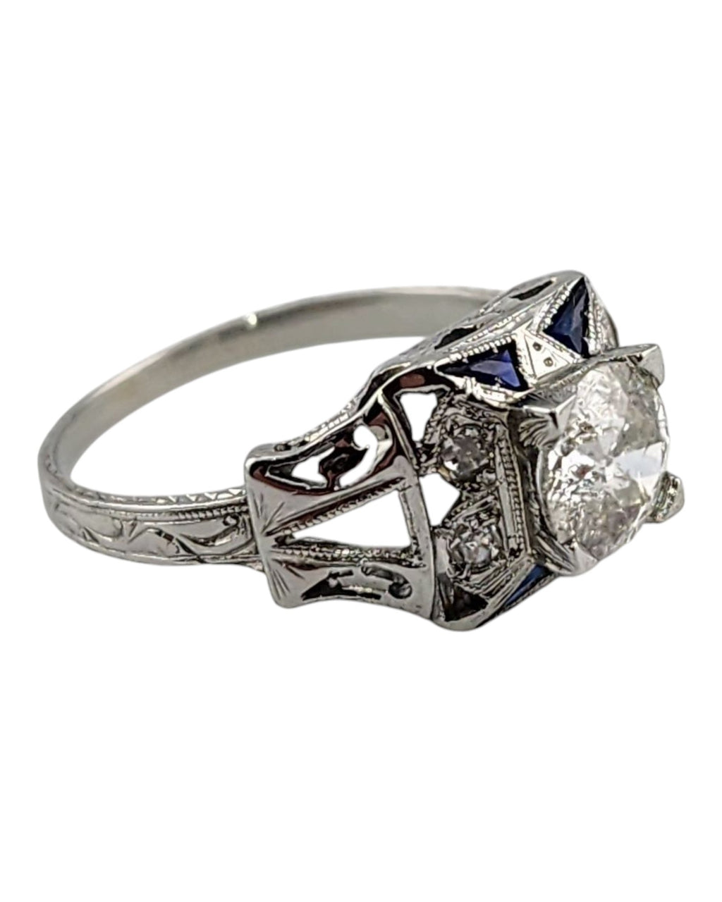 Art Deco 18K White Gold Ring with Large Center Diamond 1ct