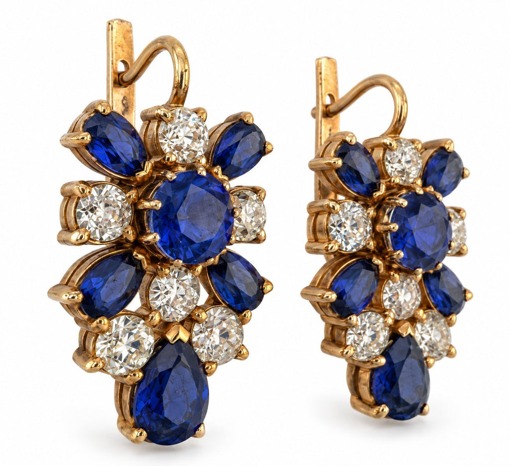 K. Faberge rose gold sapphire and diamond floral earrings with hook closures