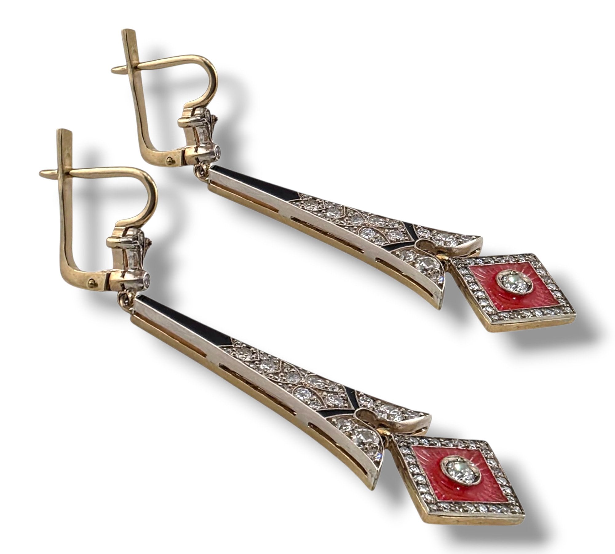 14 kt. Yellow gold, Imperial Russian 56K Gold, Enamel & 2.31 Carat Diamond Earrings, Circa 1900 -  2.31ct. tw.