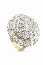 14K yellow gold double halo diamond ring with round center stone and glittering outer halos