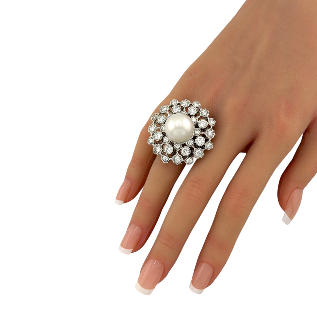 18K White Gold Pearl and 4ct Diamond Circular Cocktail Ring