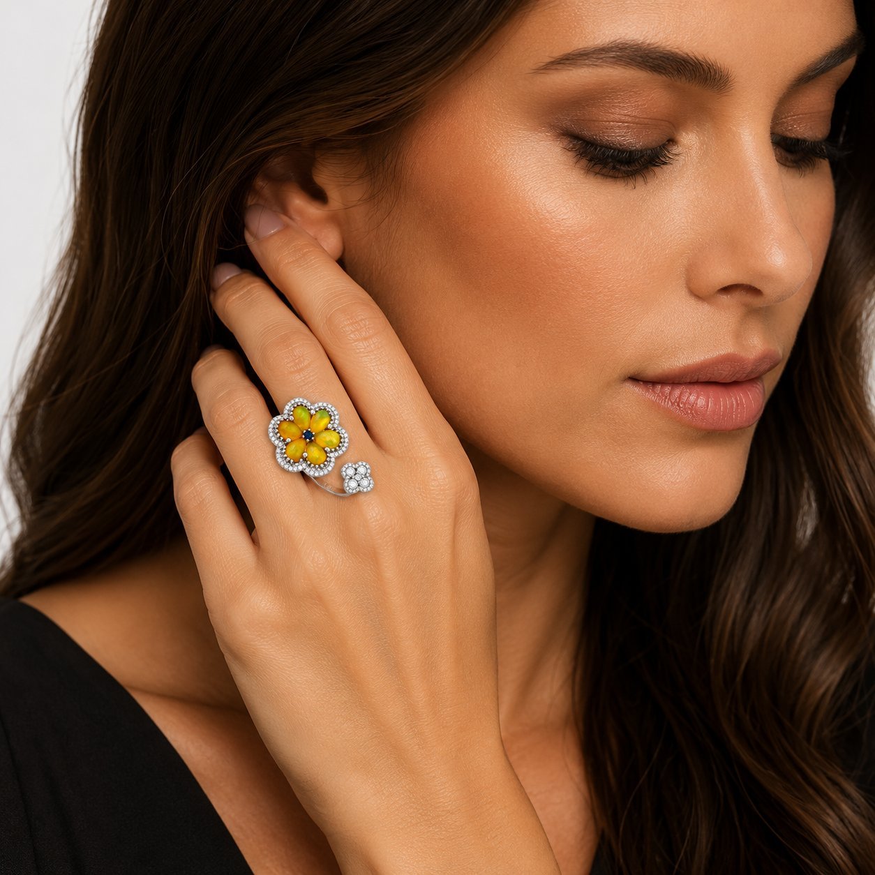 14K White Gold 1.43ct Opal, Sapphire and 0.32ct Diamond Flower Bypass Ring