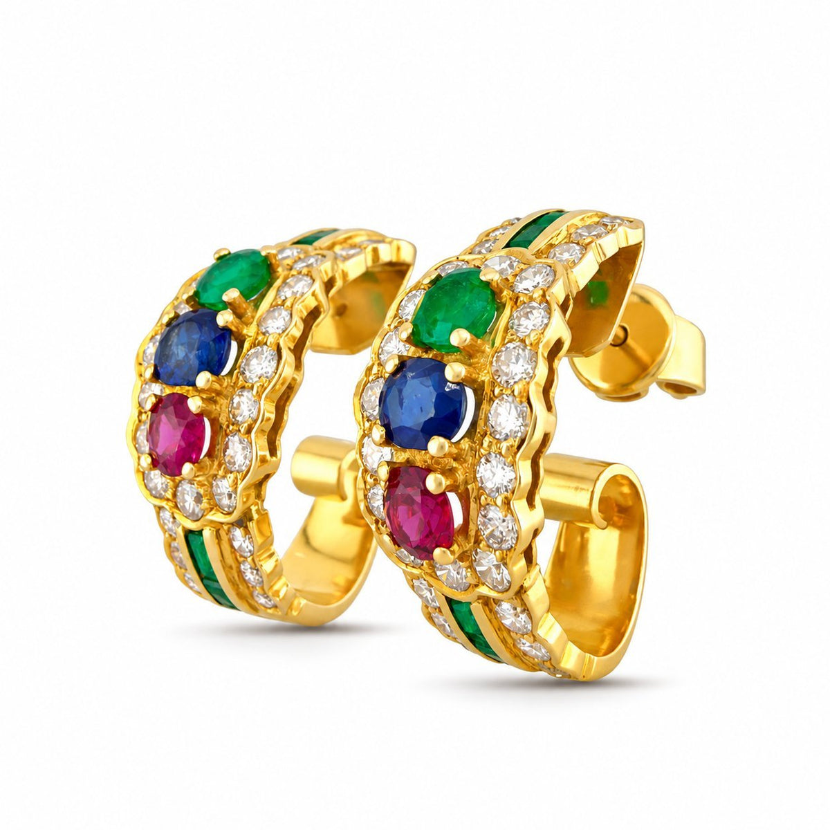 Angled 18K yellow gold hoop earrings with blue, green, pink gems and diamond details