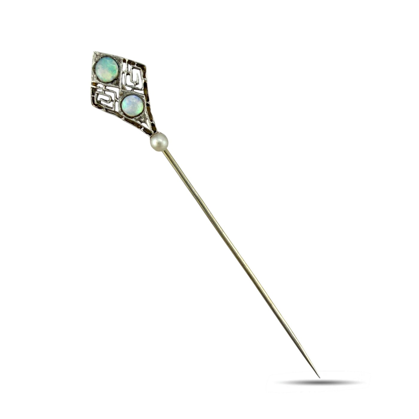 14K Yellow Gold Opal and Pearl Long Pin Brooch
