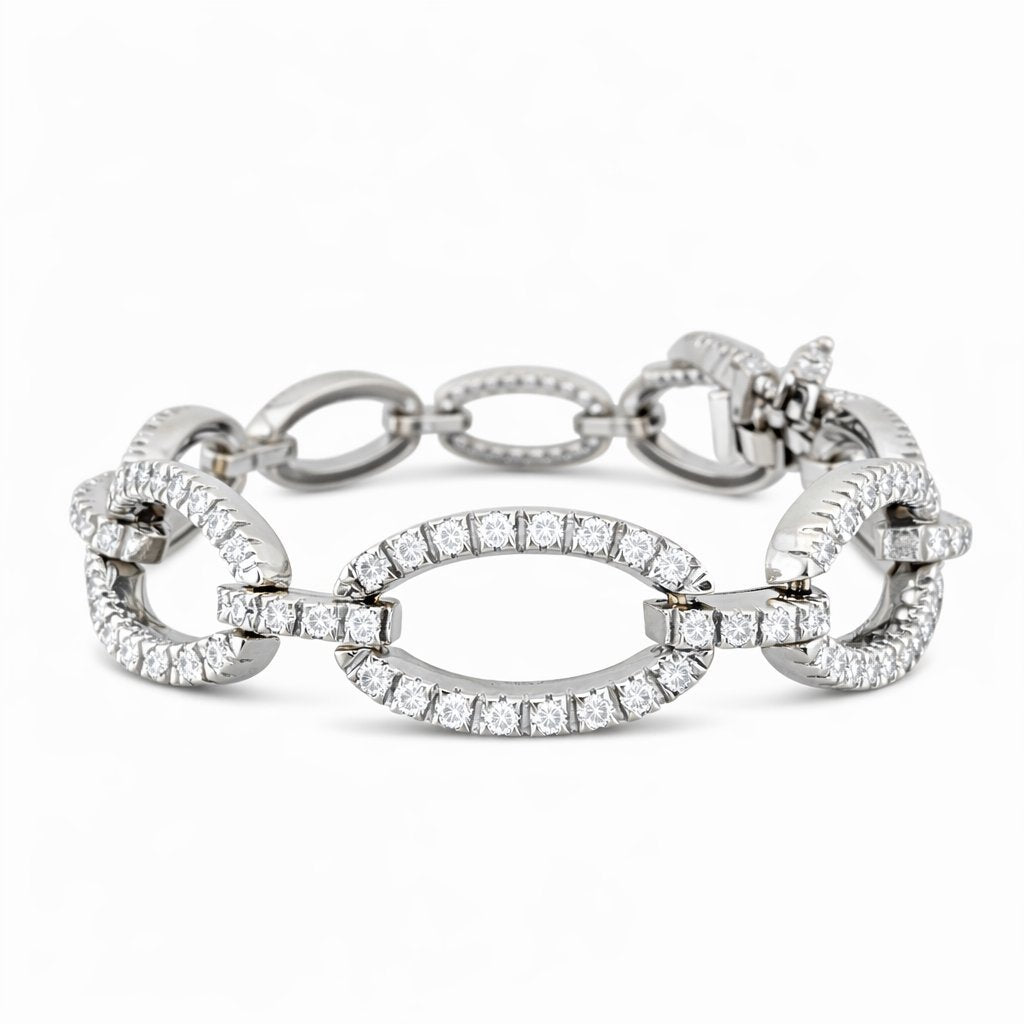 18K White Gold 4.2ct Diamond Oval Link Bracelet