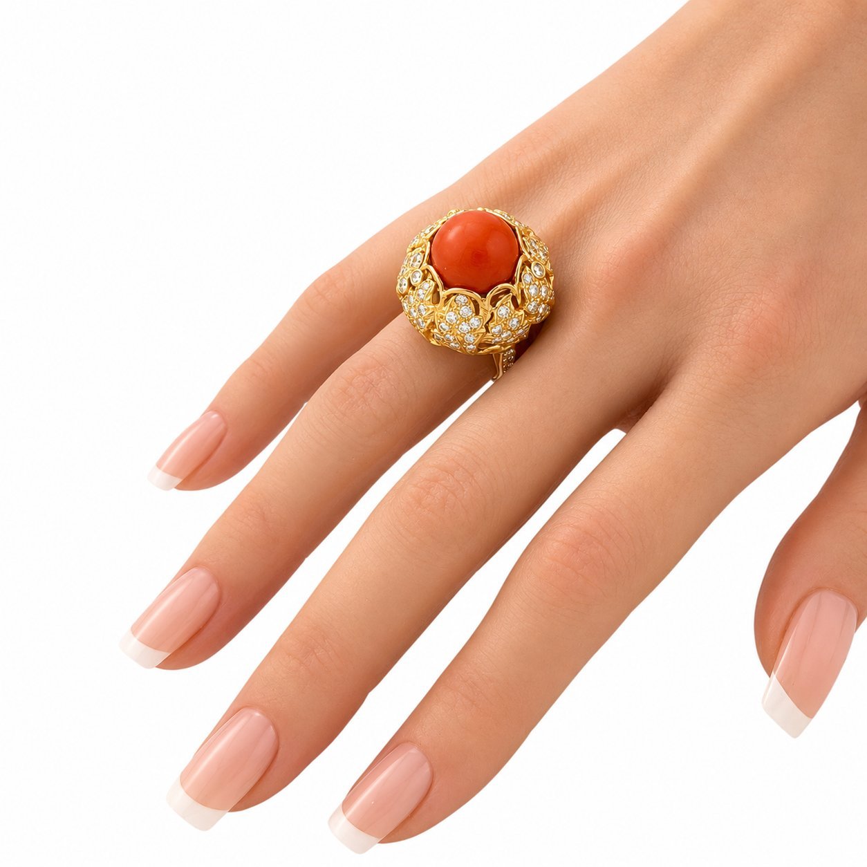 14K Yellow Gold Large Coral and 1.5ct Diamond Ring