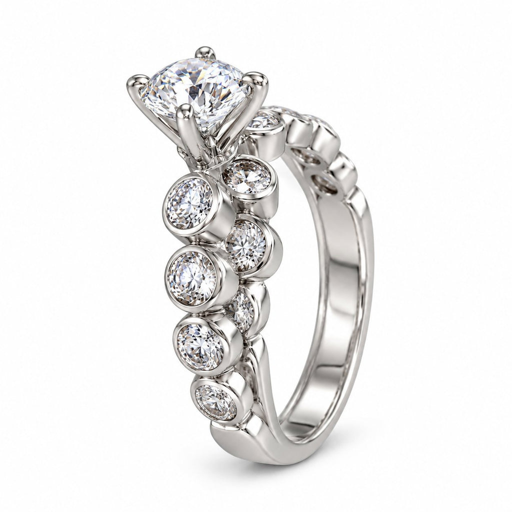 White gold diamond ring set with large center stone and round diamonds along the band