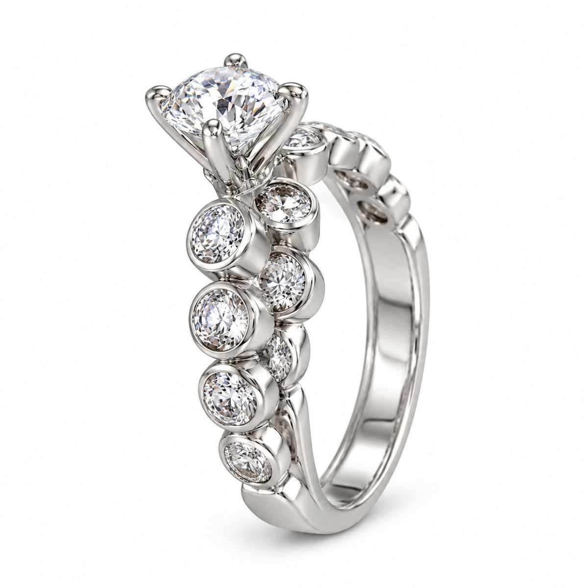 White gold diamond ring set with large center stone and round diamonds along the band