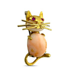 18K Yellow Gold Italian Coral and Ruby Kitten Brooch