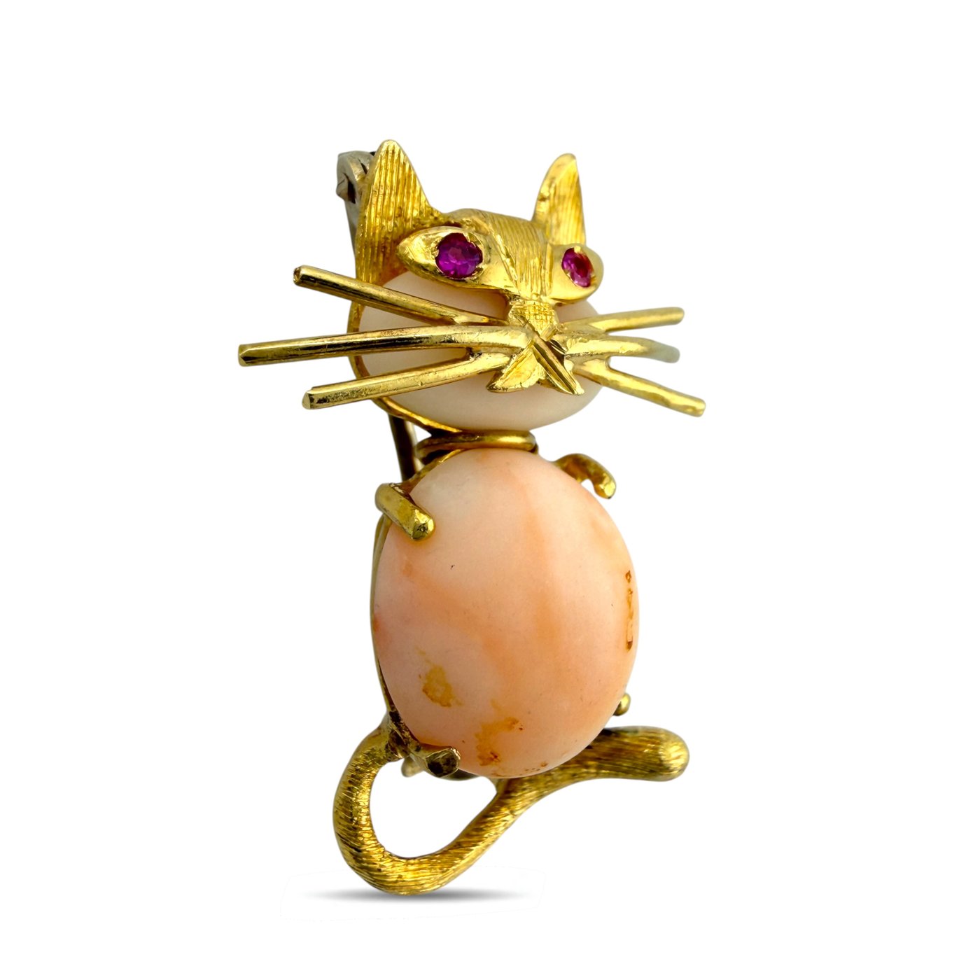 18K Yellow Gold Italian Coral and Ruby Kitten Brooch