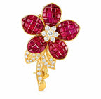 18K Yellow Gold 4.75ct Invisible-Set Ruby & 0.45ct Diamond Flower Brooch - 5.20ct. tw. Ruby - Diamond