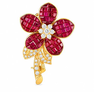 18K Yellow Gold 4.75ct Invisible Set Ruby & 0.45ct Diamond Flower Brooch