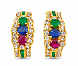 18K Yellow Gold 1.0ct Diamond Emerald Sapphire & Ruby Earrings