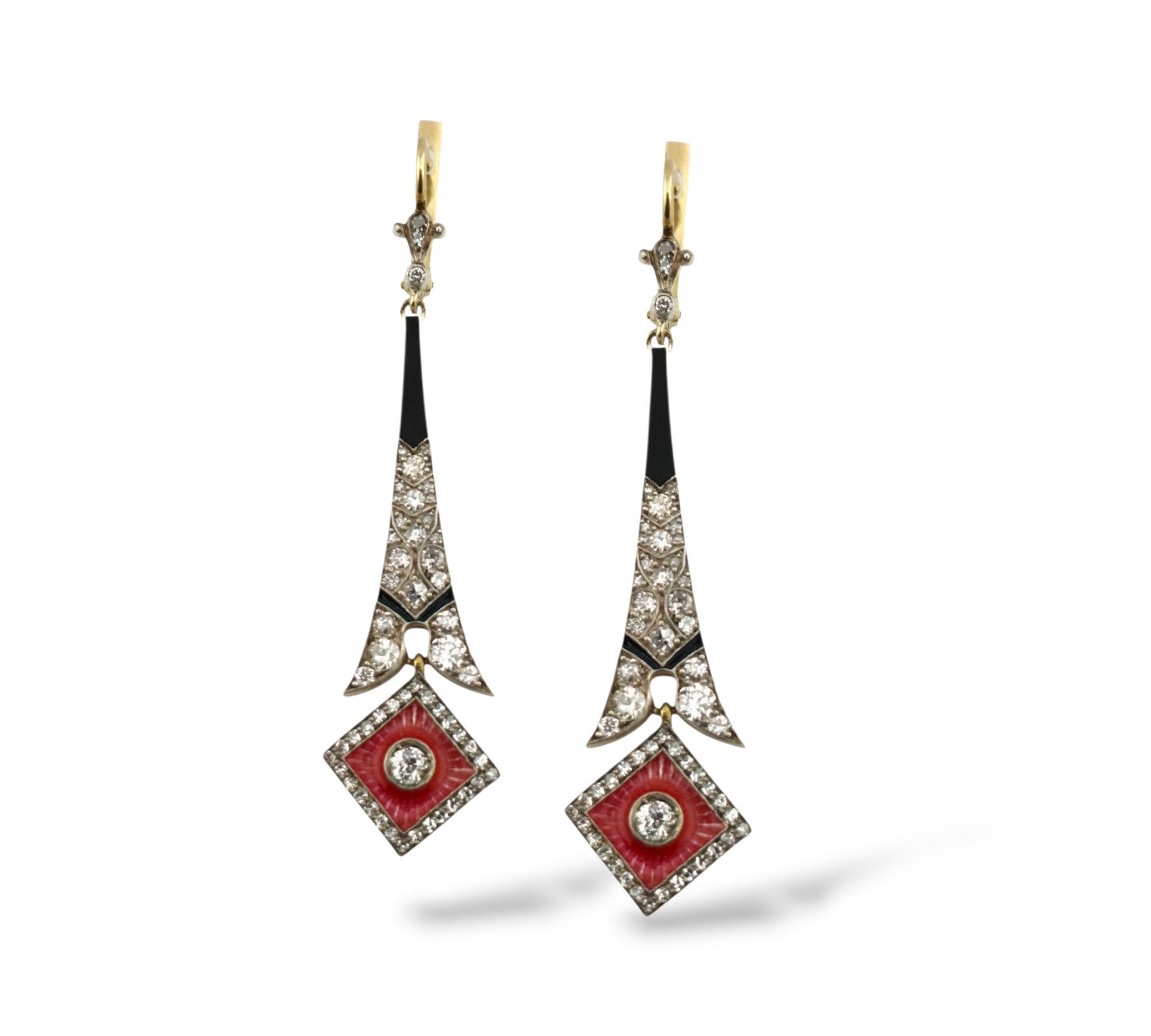 14 kt. Yellow gold, Imperial Russian 56K Gold, Enamel & 2.31 Carat Diamond Earrings, Circa 1900 -  2.31ct. tw.