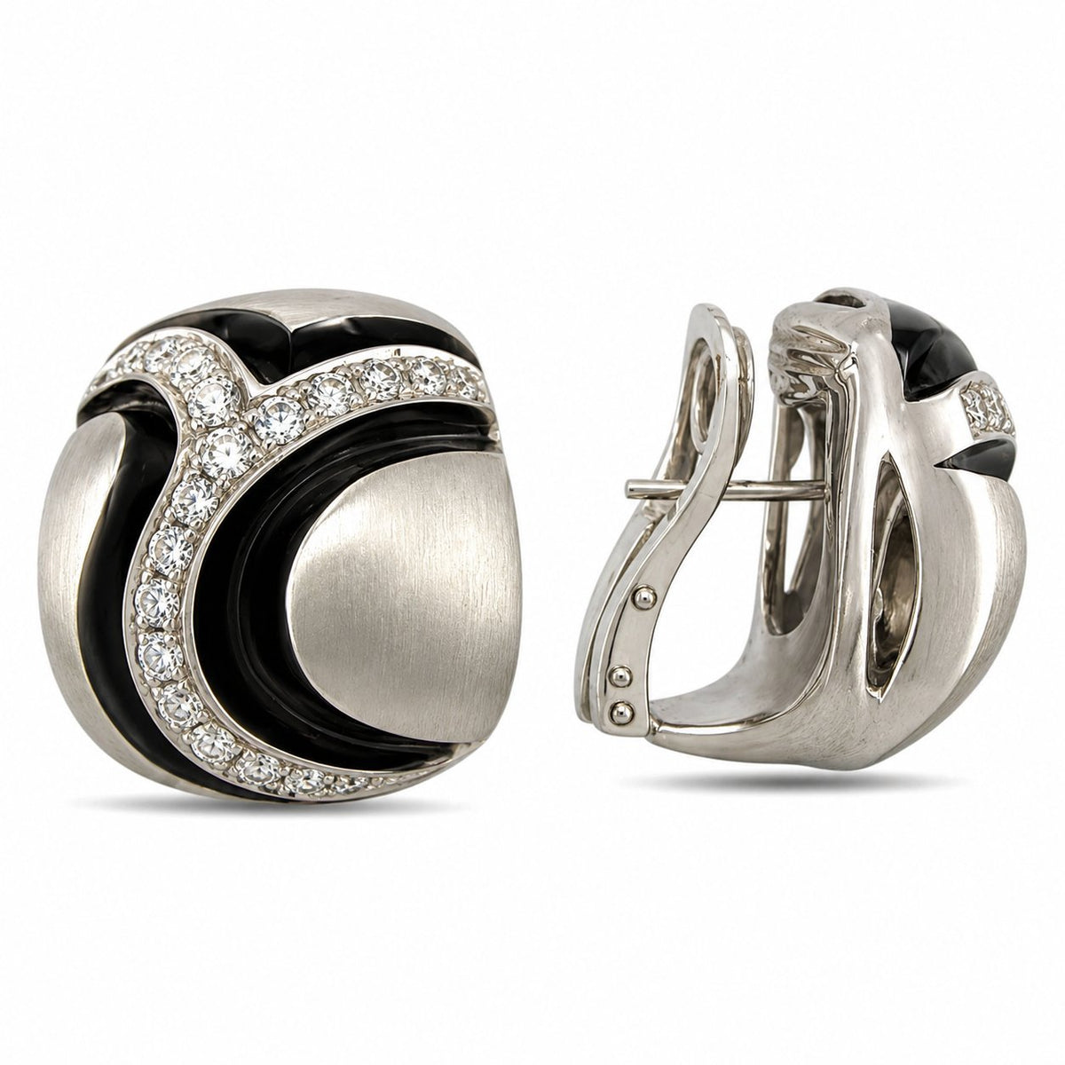 Sculpted diamond earrings with black enamel accents and hinged clasp