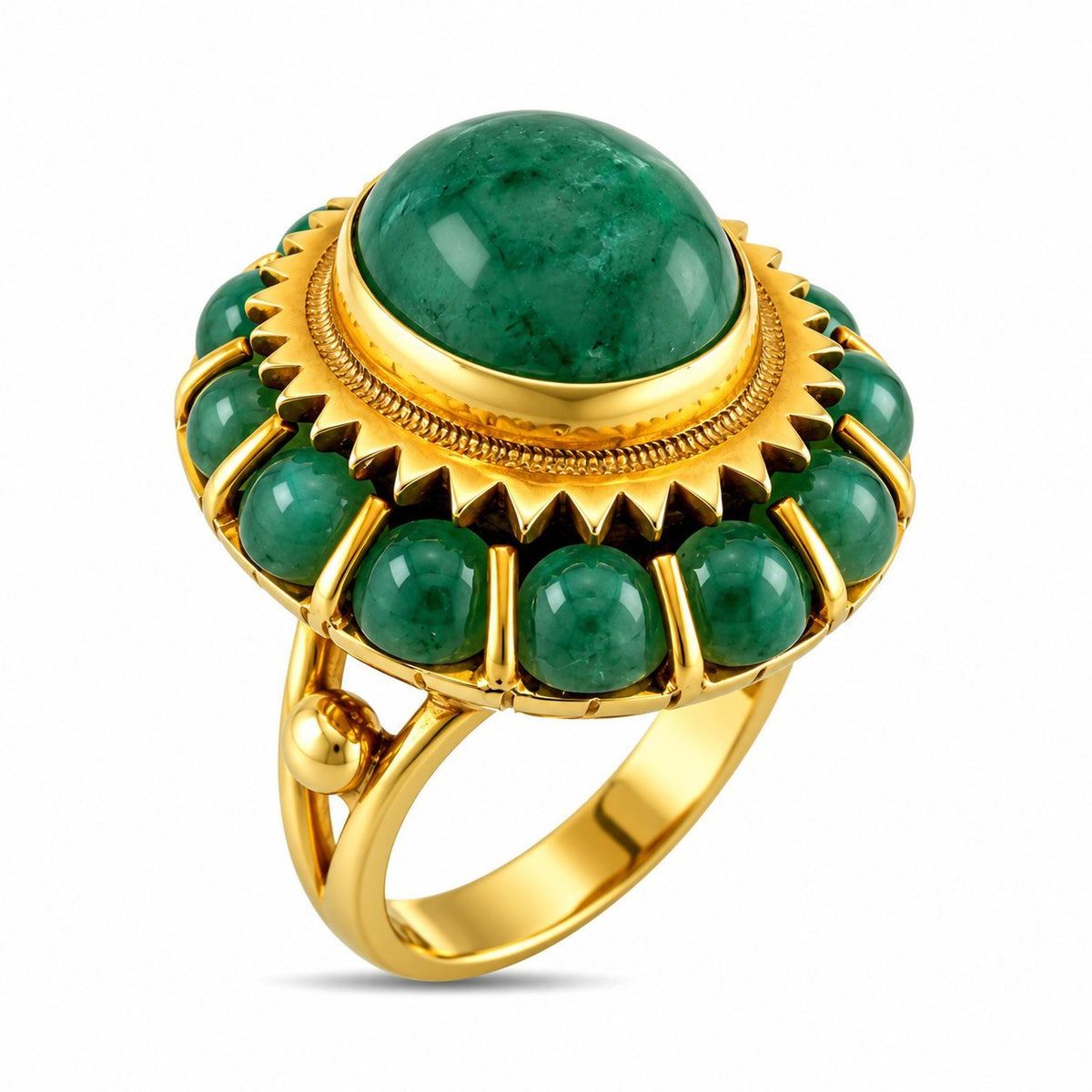 14K yellow gold jade cabochon ring with large green oval center stone and beaded bezel
