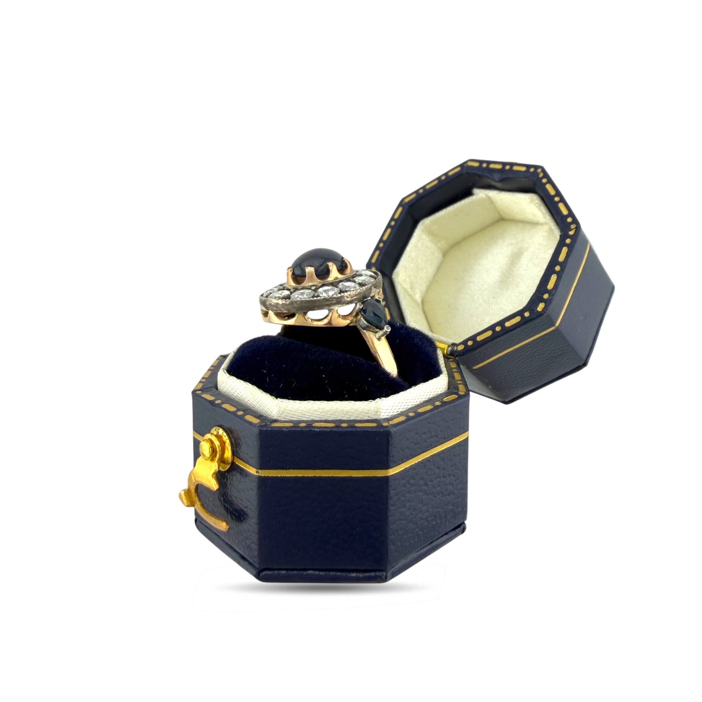 14K Rose Gold Imperial Faberge Russian 0.72ct Sapphire and 0.72ct Diamond Ring