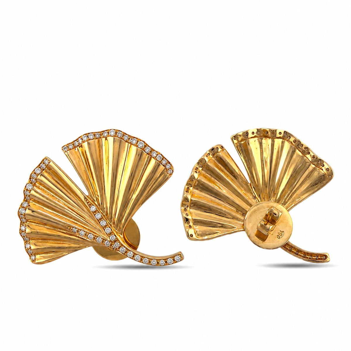 Ginkgo leaf earrings showing diamond-set fronts and gold post backs