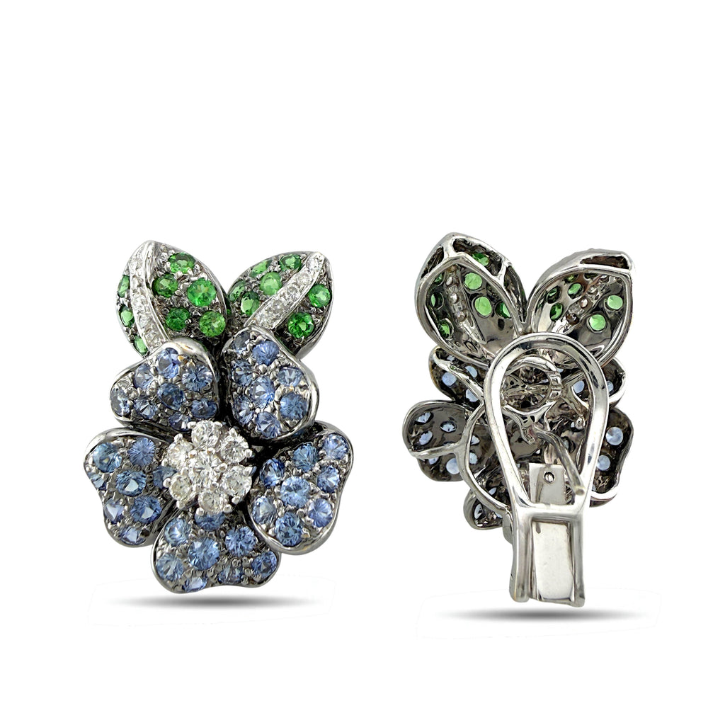 18K White Gold 0.42ct Diamond, Emerald and Sapphire Floral Earrings
