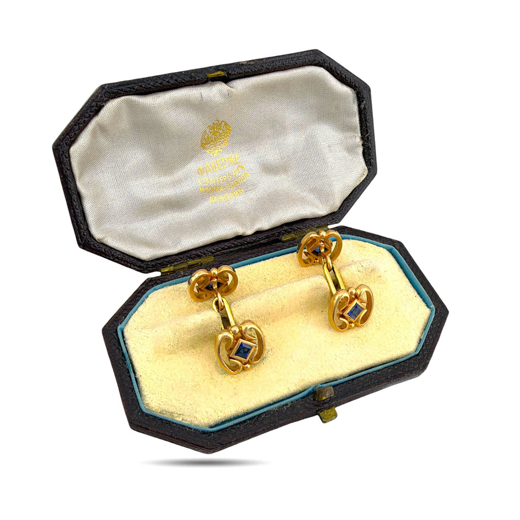 Faberge Imperial Russian gold cufflinks with blue sapphire in presentation box
