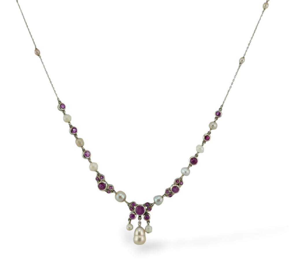 14K Gold Necklace with Natural Rubies and Pearls